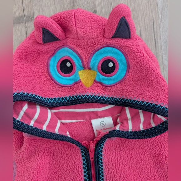 Hanna Andersson Pink Owl Hooded Fleece Bunting Footie, 6-12m (Z6) - Picture 2 of 4